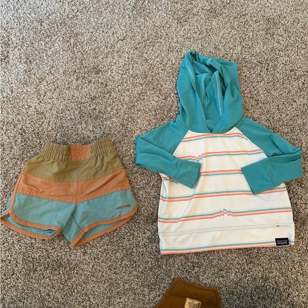 Patagonia Kids Cream & Orange Stripe swim shorts
